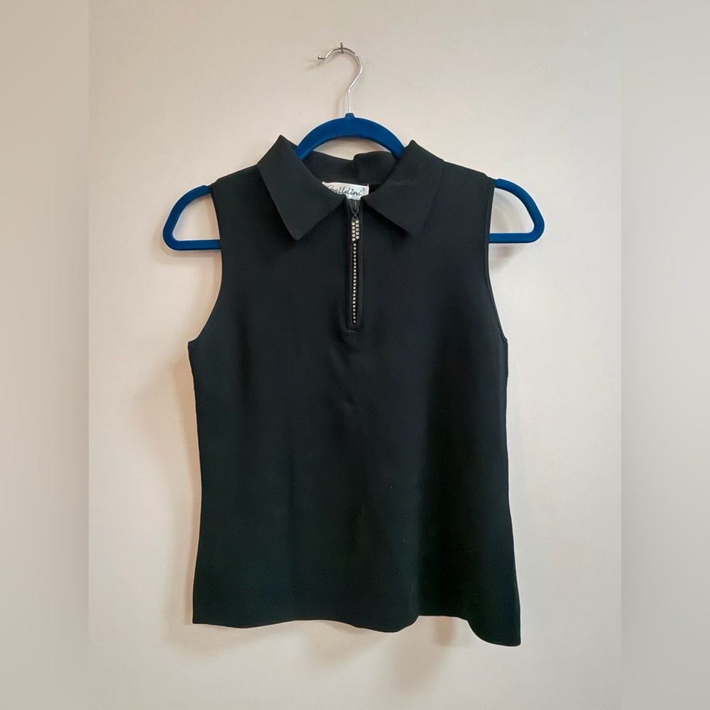 Belldini Vintage Y2K Style Black Rhinestone Quarter Zip Sleeveless Top, Stretchy